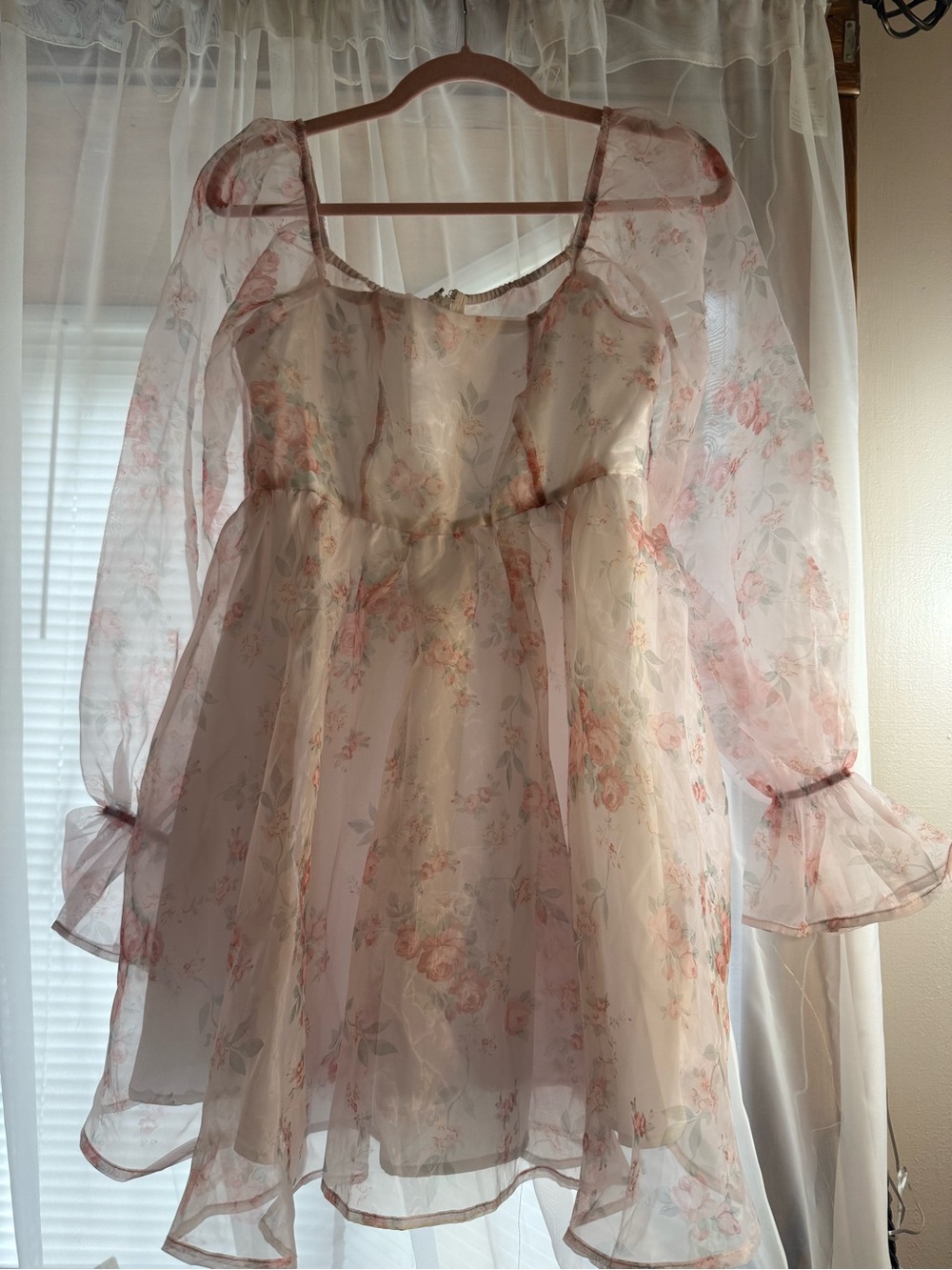 Sheer Satin Floral Babydoll Dress in Blush Pink